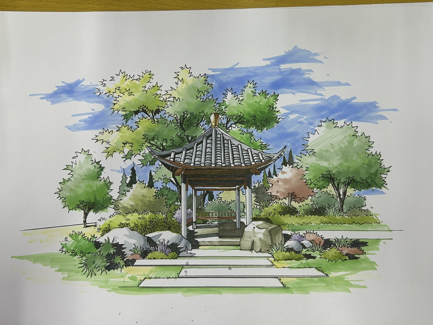 亭子效果图～凉亭手绘 是临摹#植物小场景# #景观节点抄绘# #景观节点