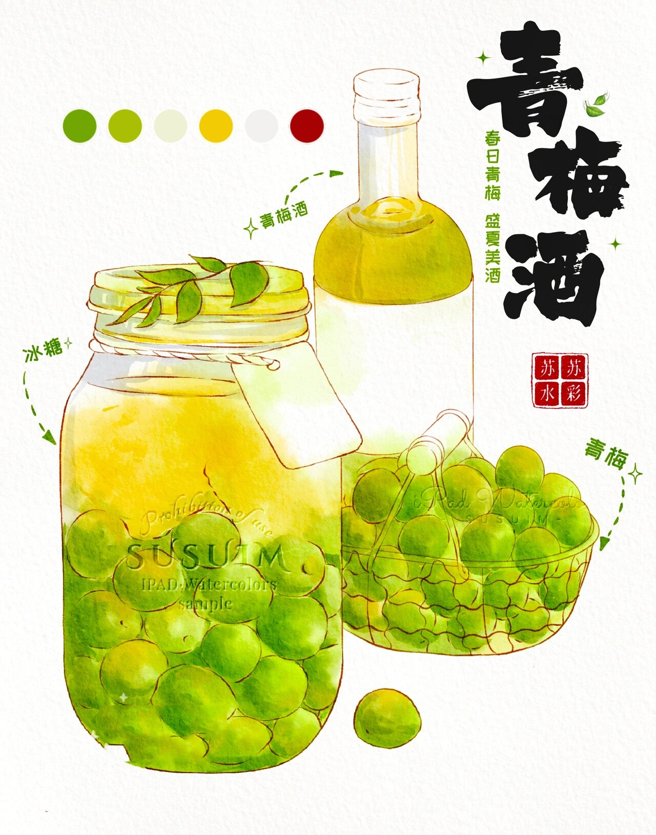ipad水彩美食|微醺·青梅酒🥃原创手绘插画 "从春盼到夏,把时间酿成