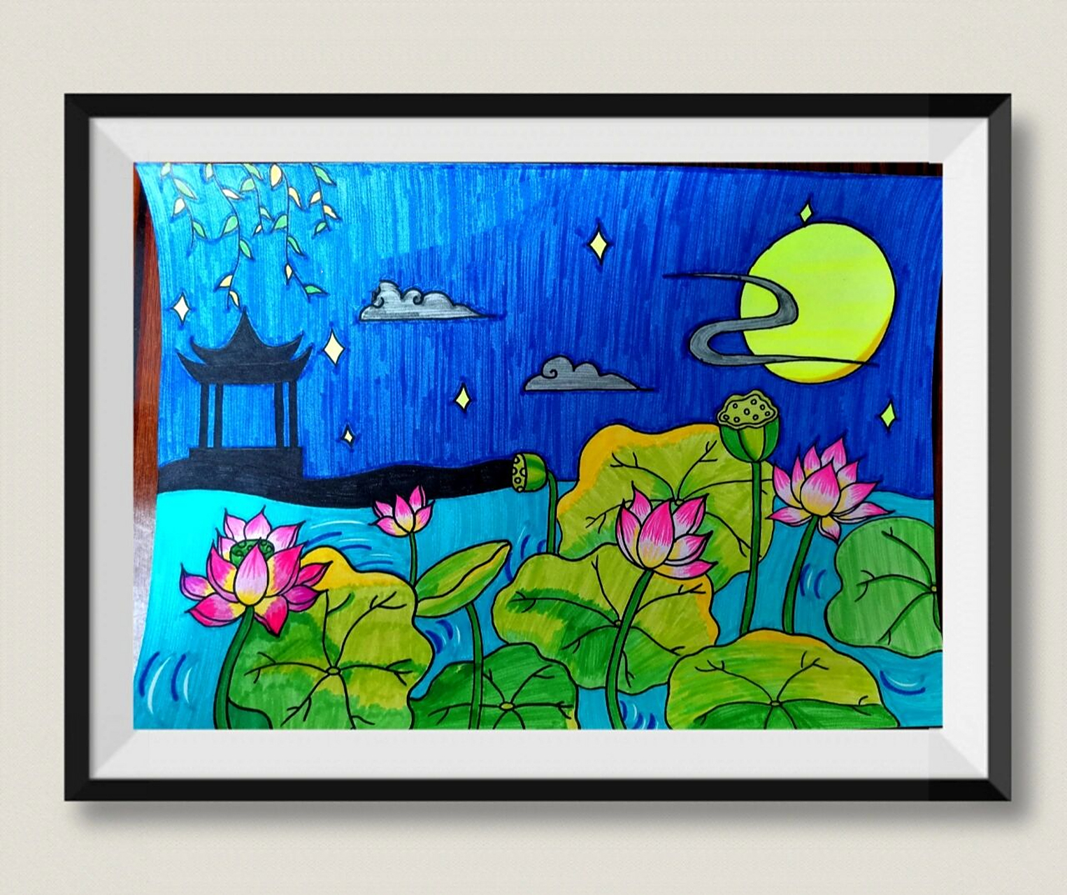 儿童创意夏季主题风景画荷花《荷塘月色》