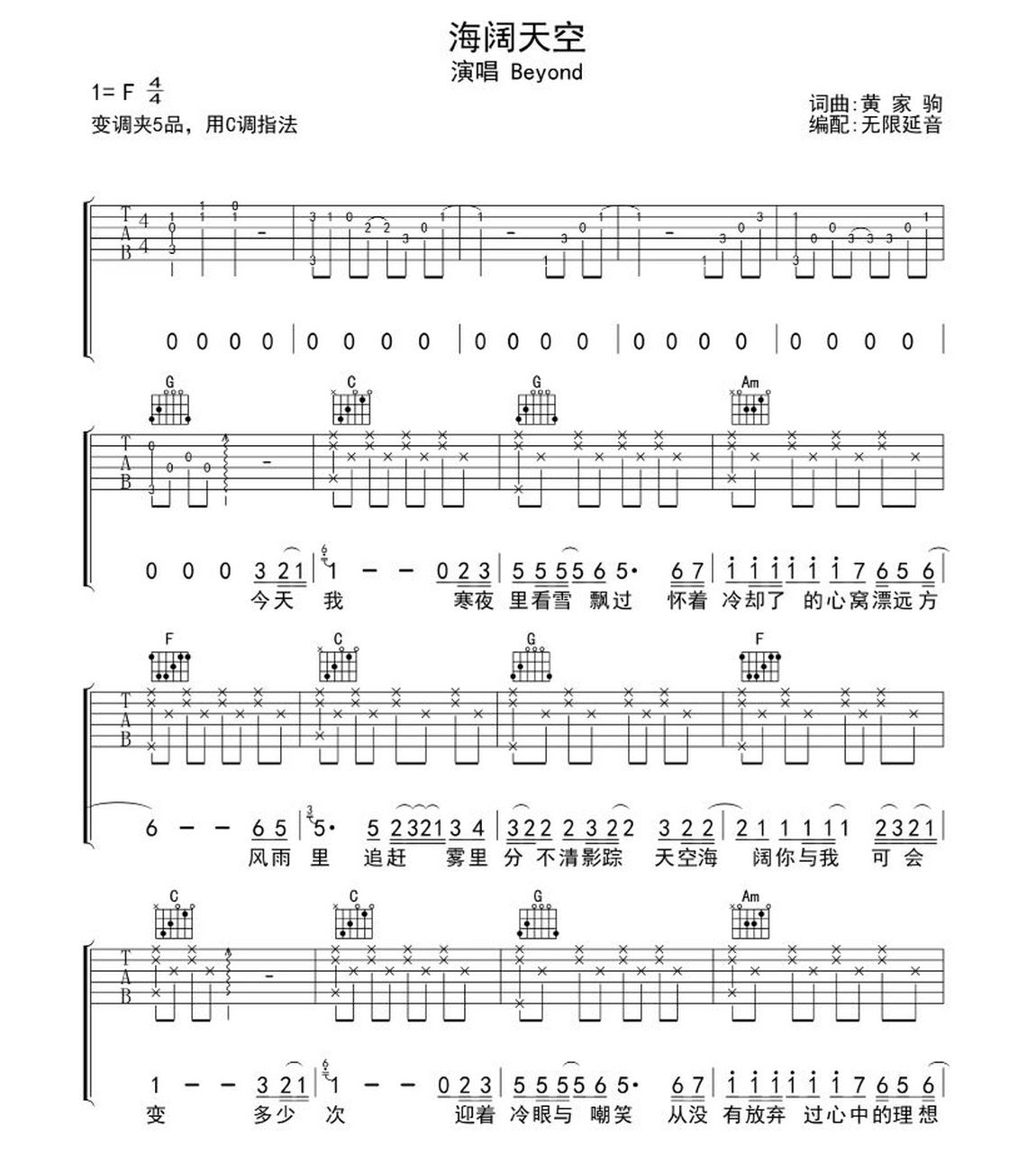 海阔天空 吉他谱 c调 来源:虫虫吉他 歌手:beyond 歌曲:《海阔天空》