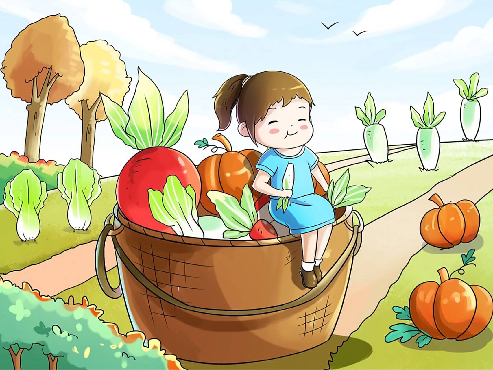 丰收插画|来看这丫头丰收的劲 [得意]一把一把稻谷打,姑娘的两手抓起