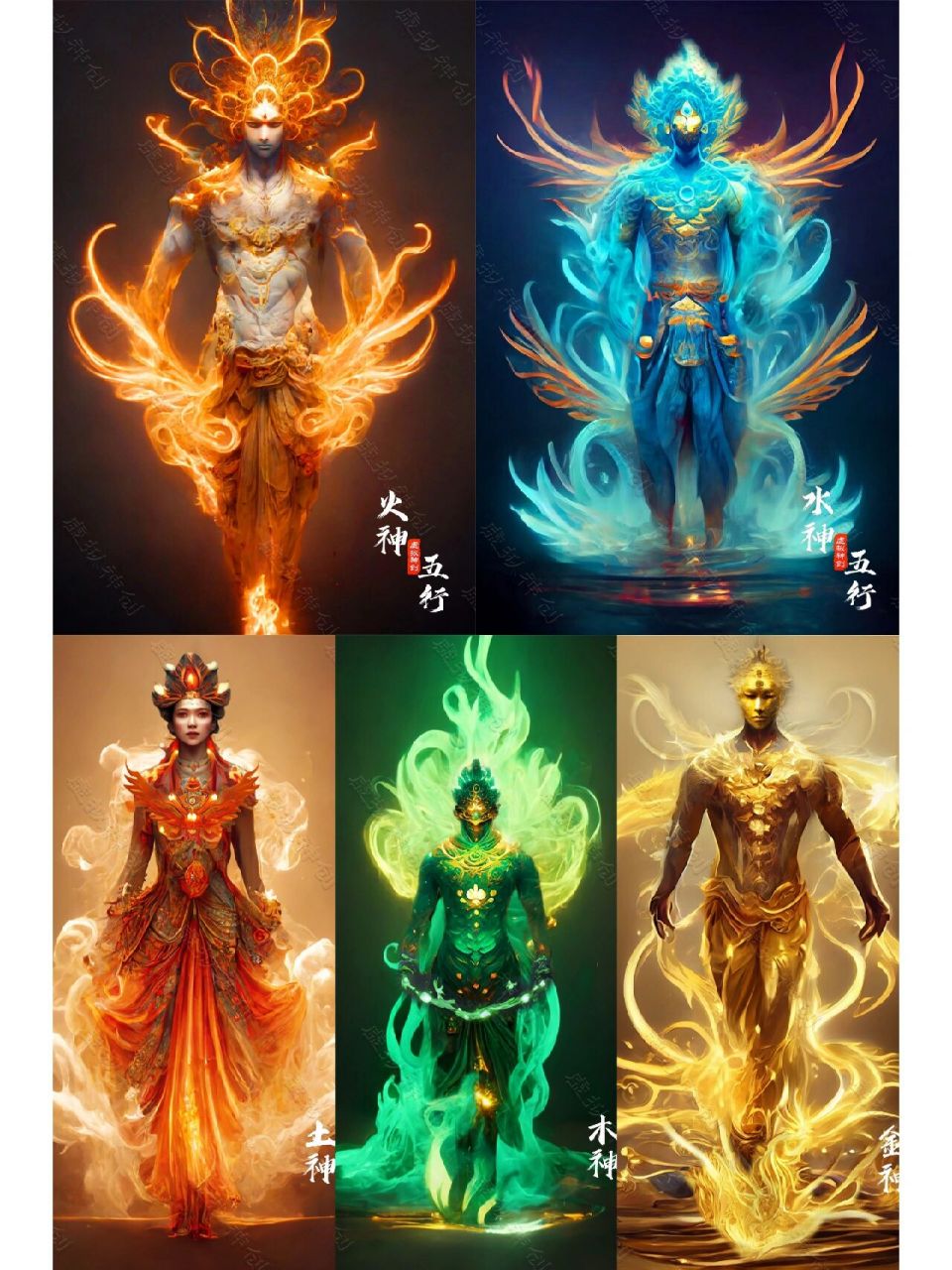 金木水火土五行神: 东方木神句芒 南方火神祝融 西方金神蓐收 北方