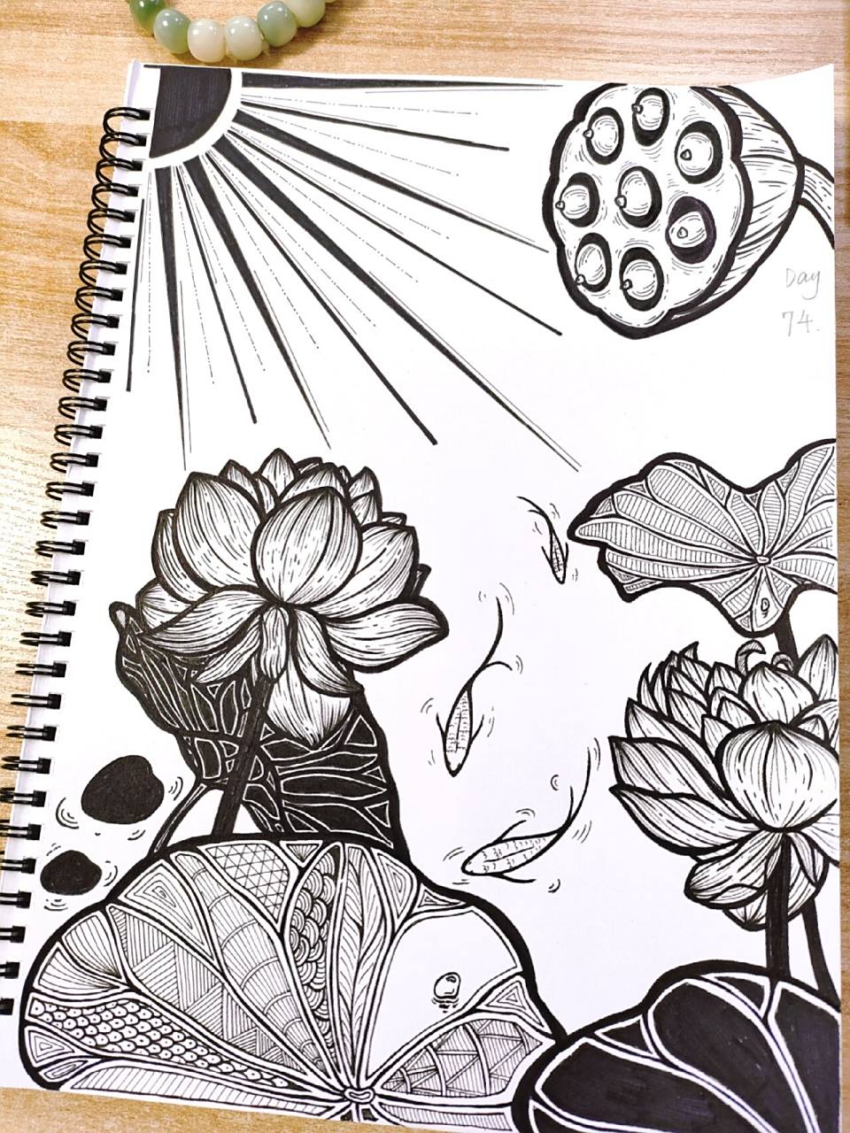 原创黑白画 阳光普照下的荷塘 荷花黑白线 素材来自