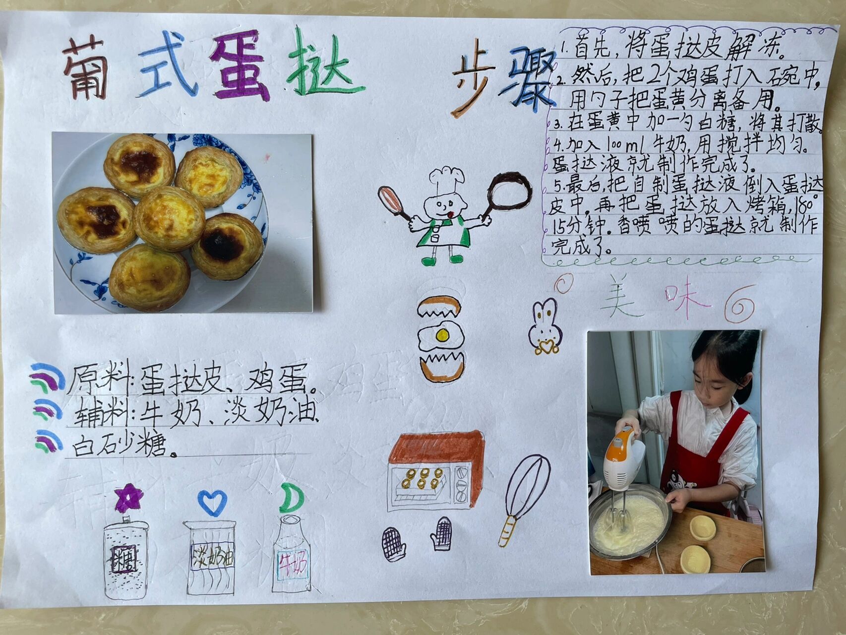 二年级学业展示 美食小报 葡式蛋挞 这个小假期,老大学会了做小厨师