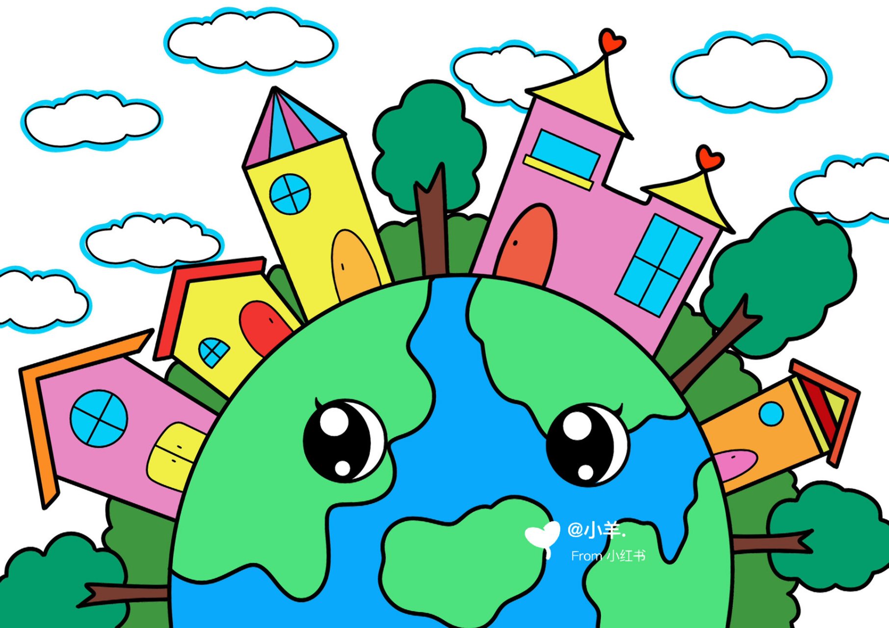 保护地球主题画 地球村儿童创意画 带线稿