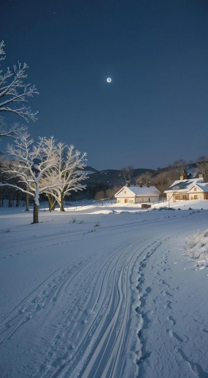 冬日月色照雪景 月色皎洁照寒冬,雪花飘落似仙境.