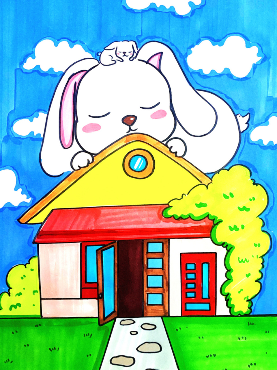 房屋儿童画 #儿童画# #房子儿童画# #房子手绘# 适合7岁77