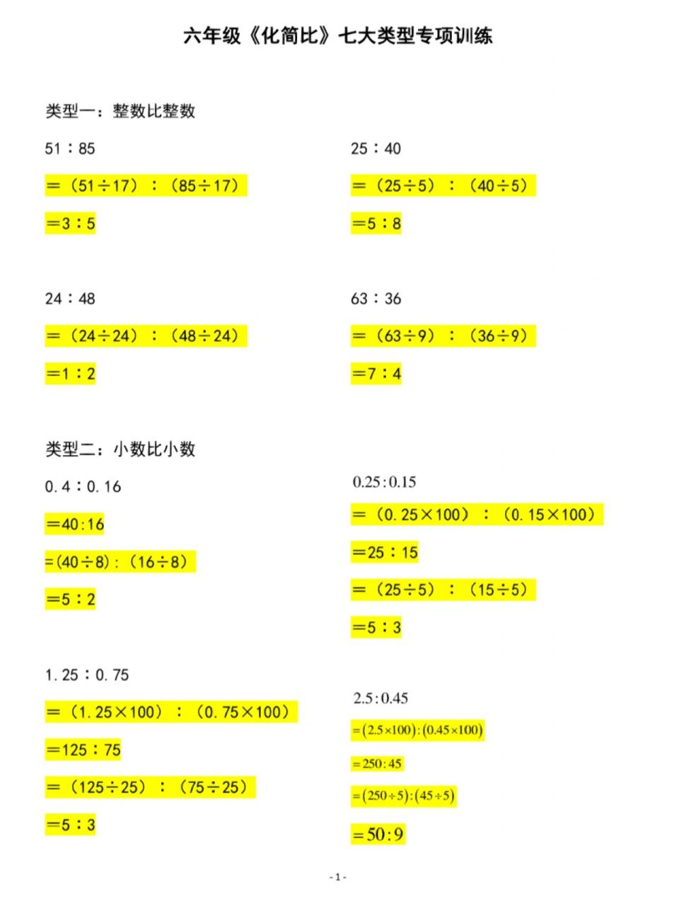 六年级《化简比》七大类型专项训练  #  电子版,分享.
