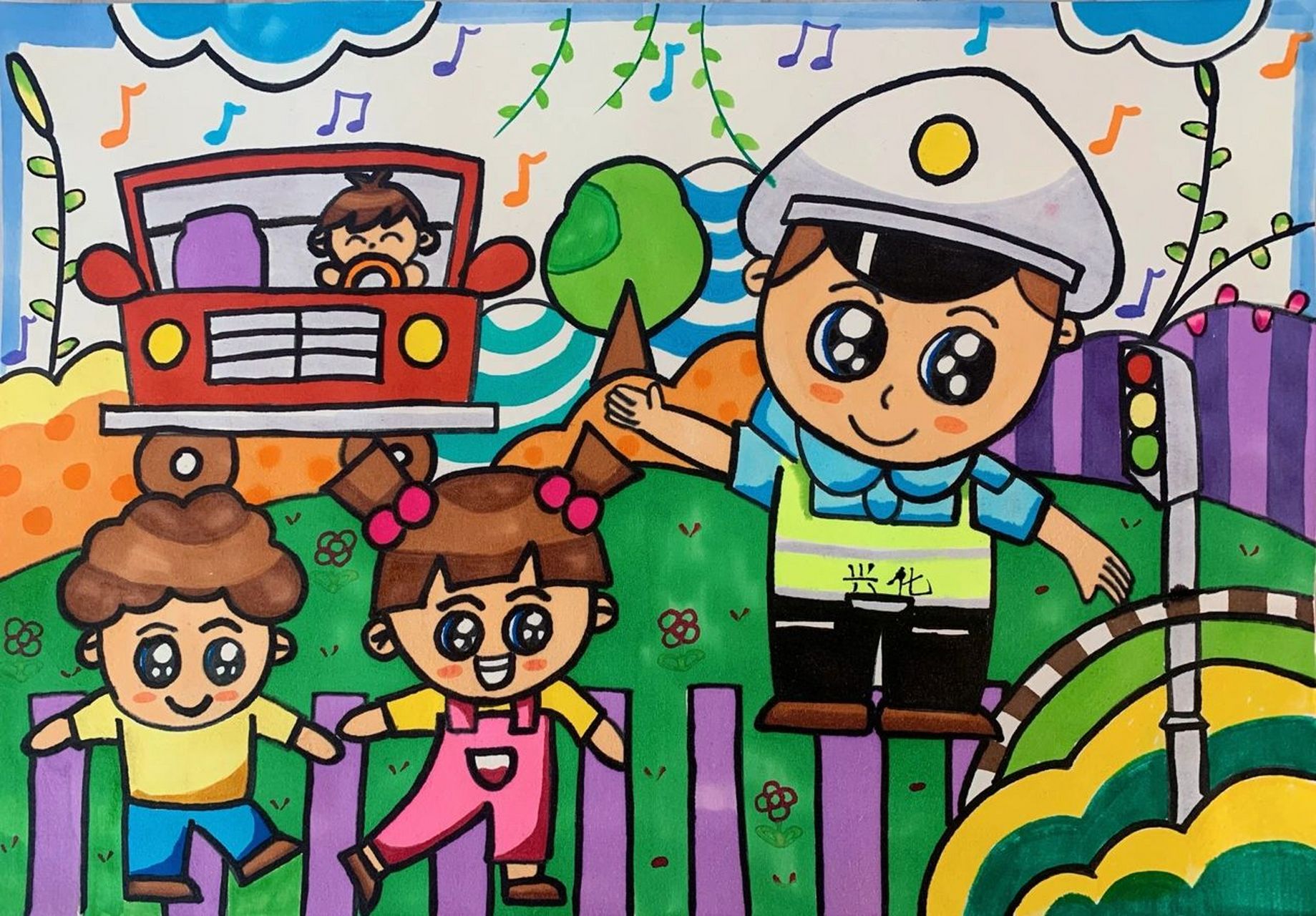 交通安全主题儿童画   兴民歌颂——交通安全儿童画