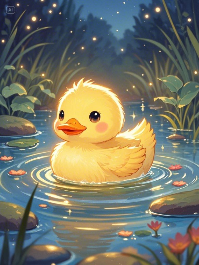 彩铅插画,童话故事,手绘感,细腻,一个可爱的小黄鸭,在池塘里游泳,温暖