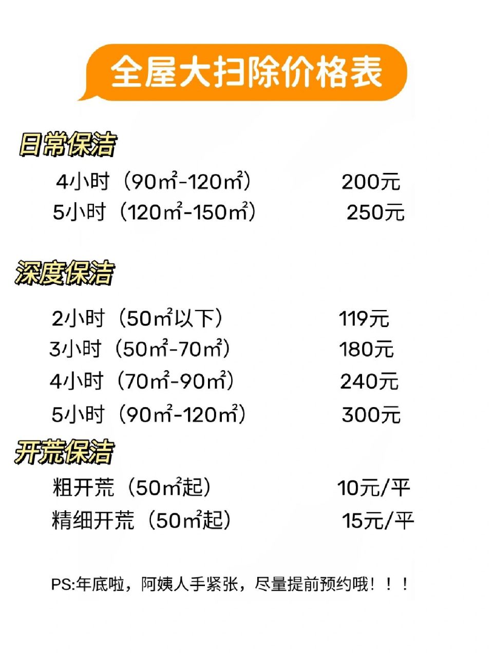 全屋大扫除,价格表来啦 绵阳云嘉家政,服务项目如下: 16615保洁