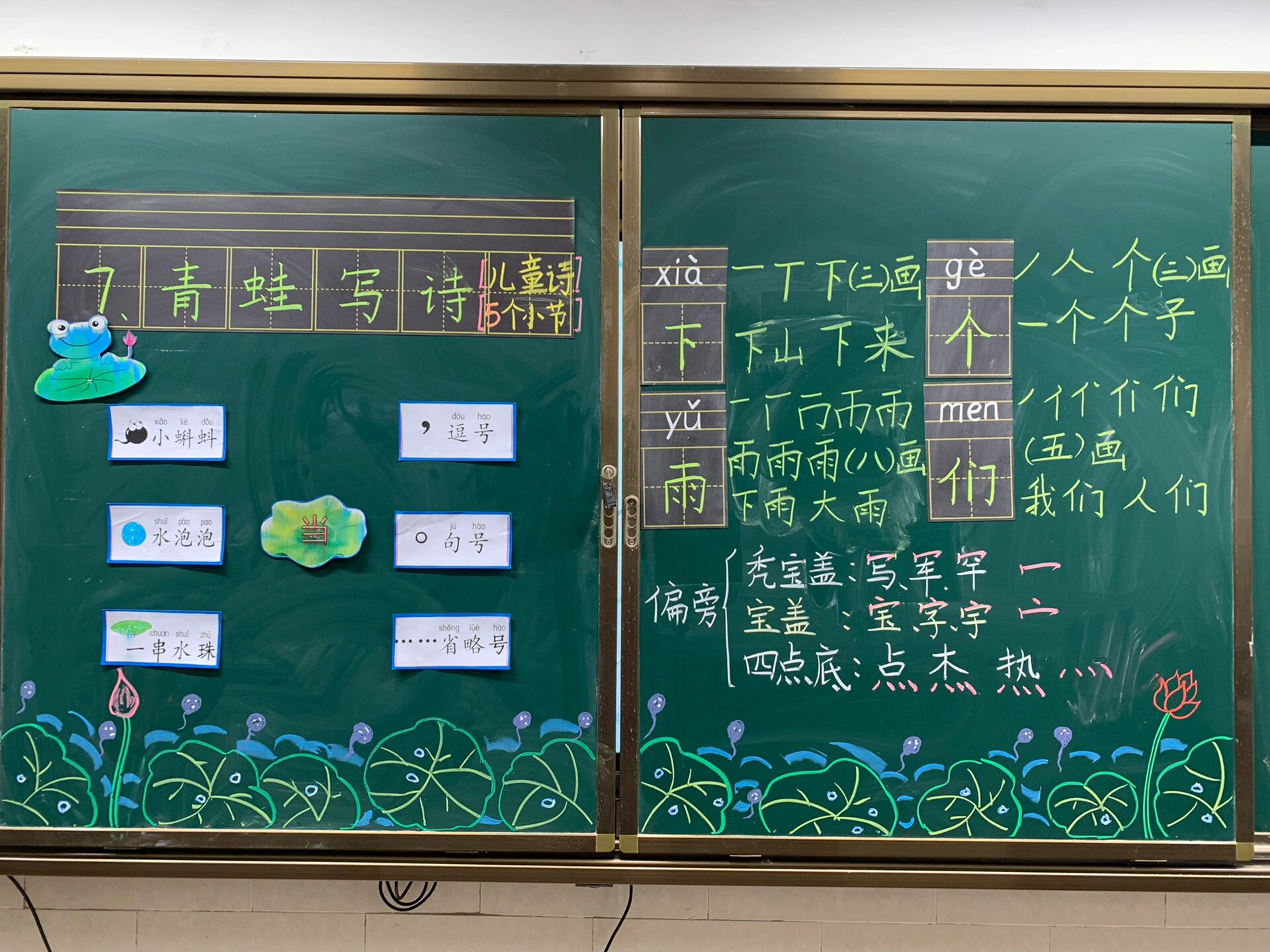 可爱的一上语文《青蛙写诗》板书77头饰 今天教室是欢乐的鱼塘呱声