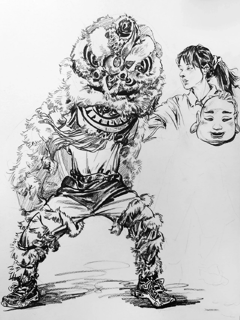 场景速写作业《舞狮子》 临摹借鉴 默写速写  刚好作业画到了,还是没