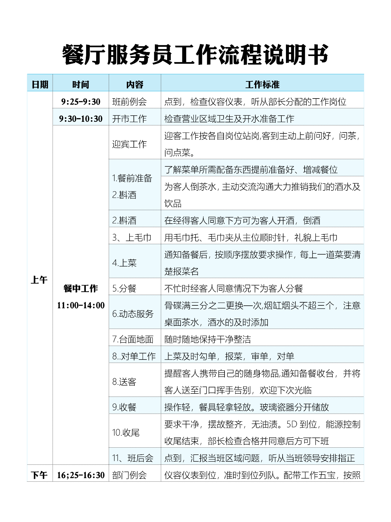餐厅服务员工作流程说明书