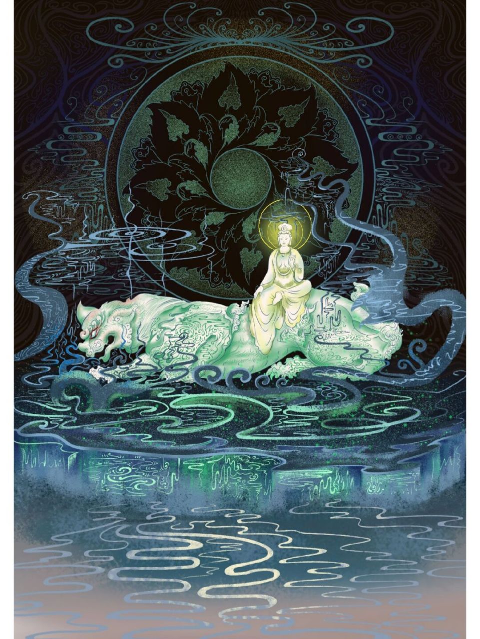 插画|文殊菩萨与青狮 文殊菩萨的形象,通常是手持慧剑,骑乘狮子比喻以