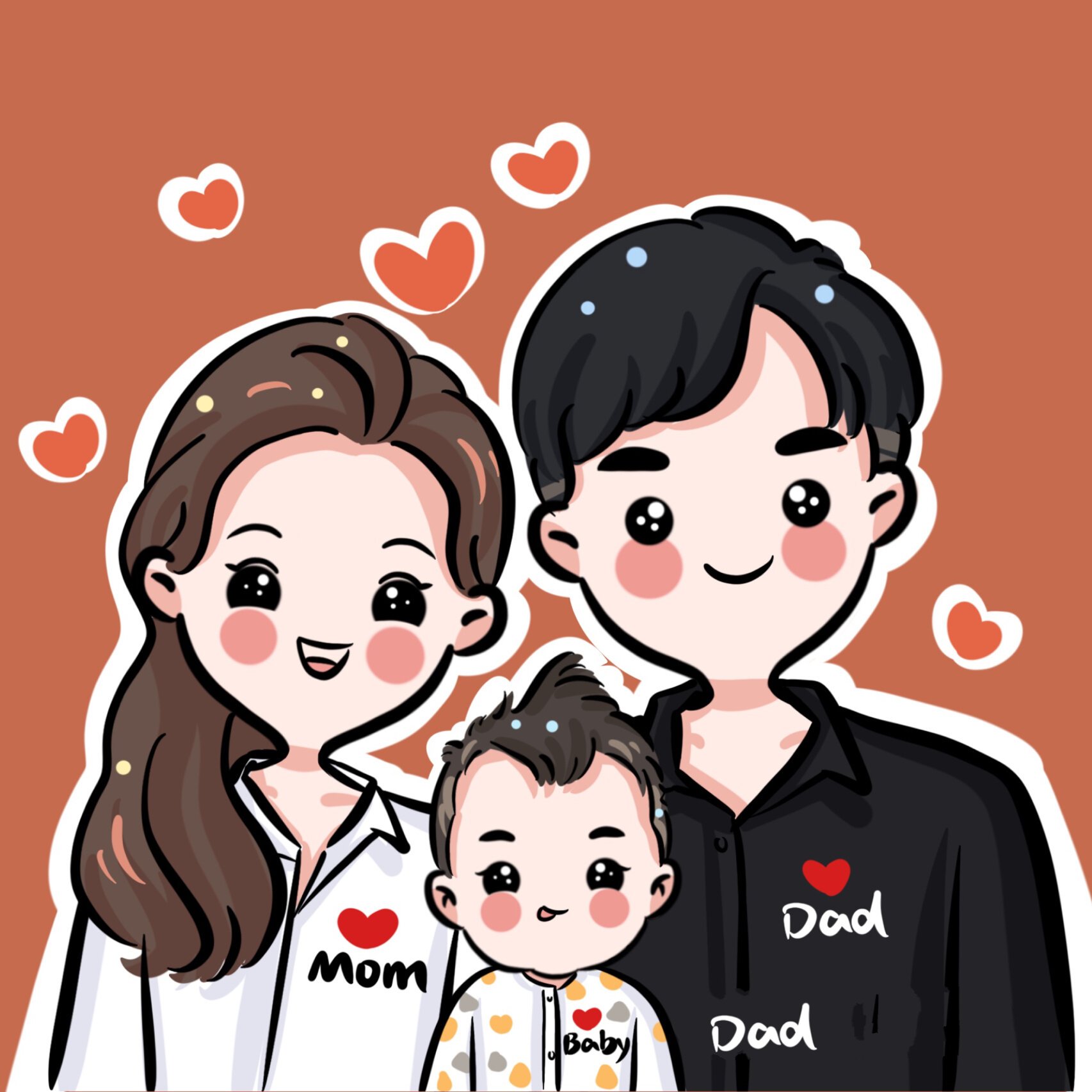 手绘可爱卡通全家福头像,幸福的一家三口