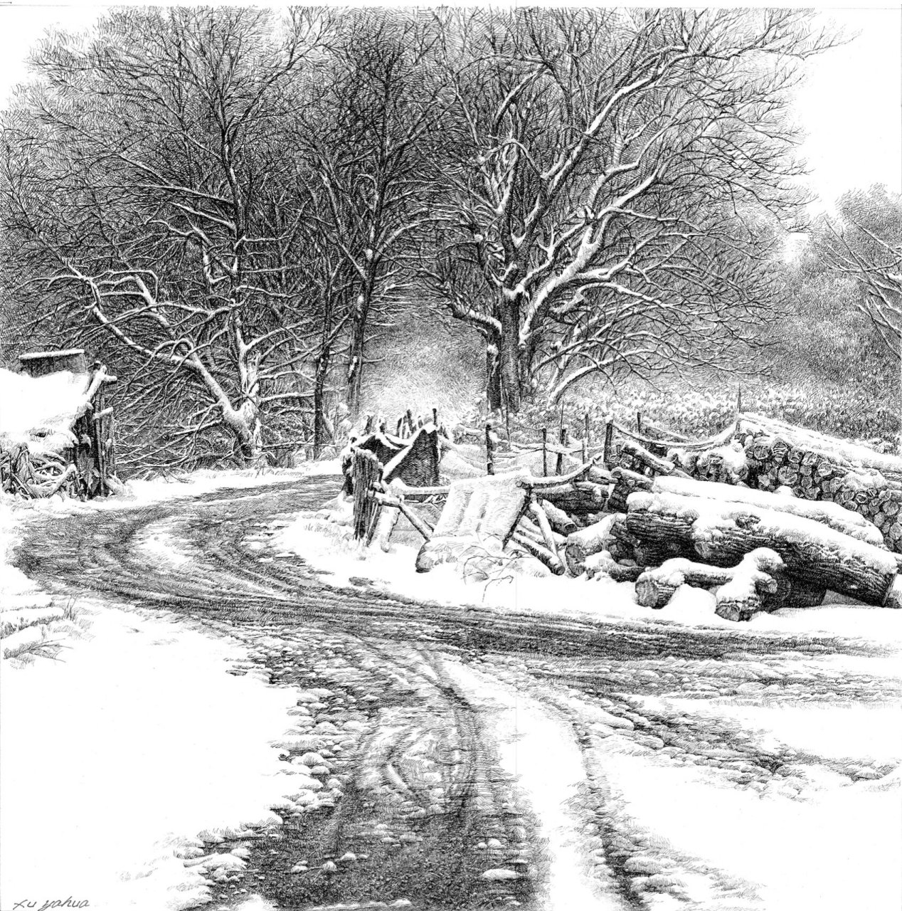 写实钢笔画《倾诉》清晰图 尺寸:45x45公分 徐亚华作品.