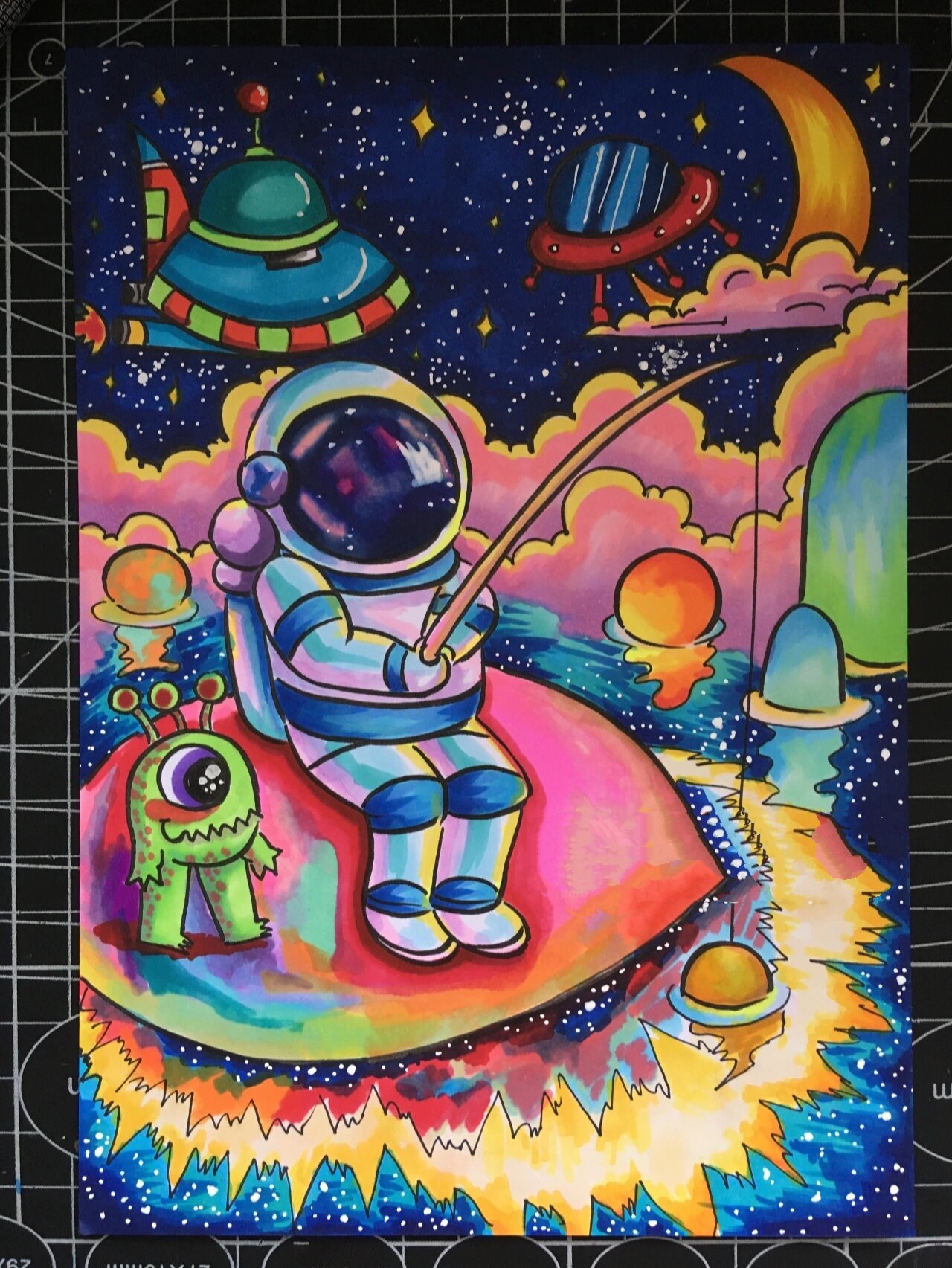 儿童画|科幻画|《外太空》|马克笔过程