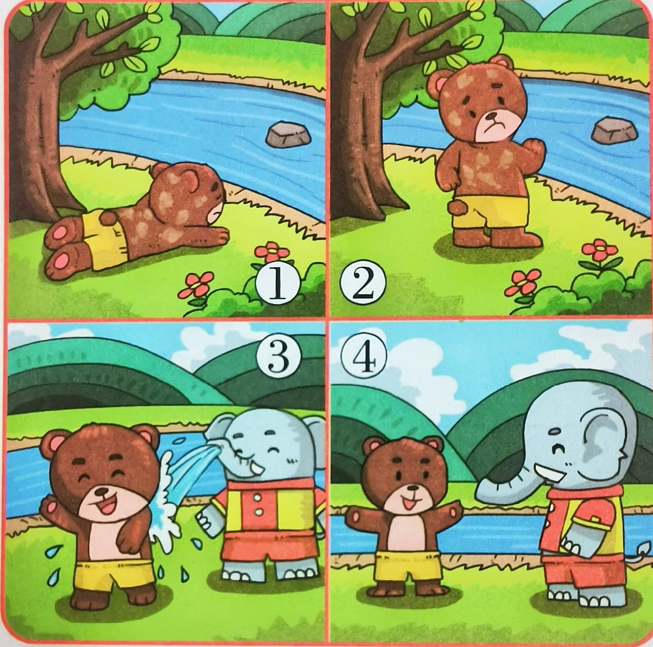 一年级看图写话《小熊洗澡》 早晨,艳阳高照,小熊来到清澈见底的小