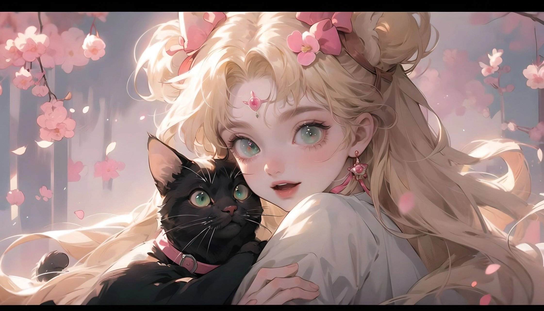 美少女战士电脑壁纸 | 抱猫少女之粉色系 粉色水兵月真的太温柔太治愈