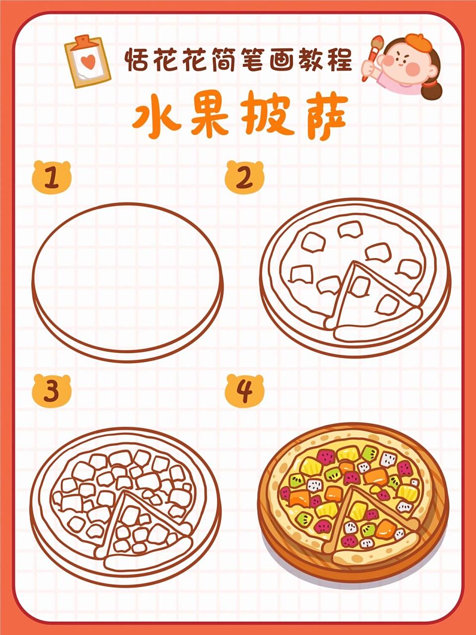 78原创美食插画78水果披萨简笔画教程93 恬花花简笔画小课堂第