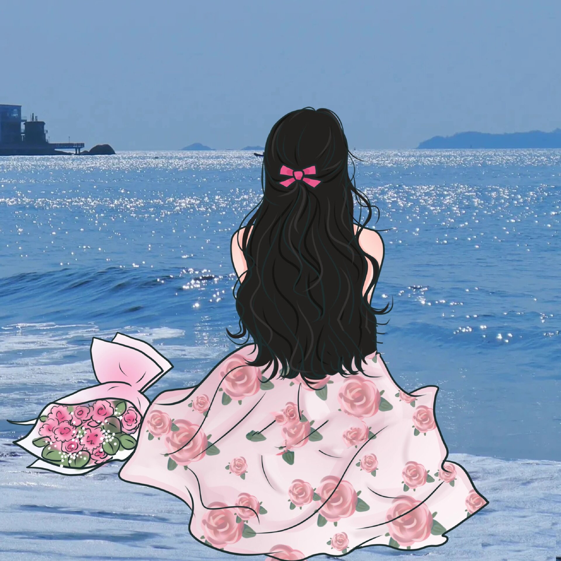 海边女生背影|手绘 喜欢可用于个人头像和壁纸 92二改,商用,去水印