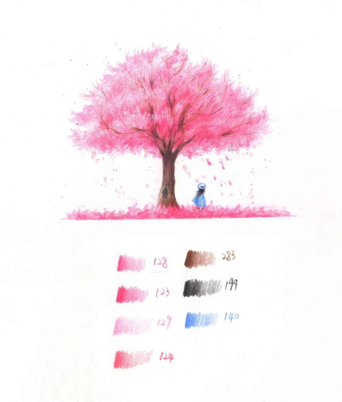 彩铅94樱花树教程&附色号 这个笔的话用的是辉柏嘉绿盒油性彩铅