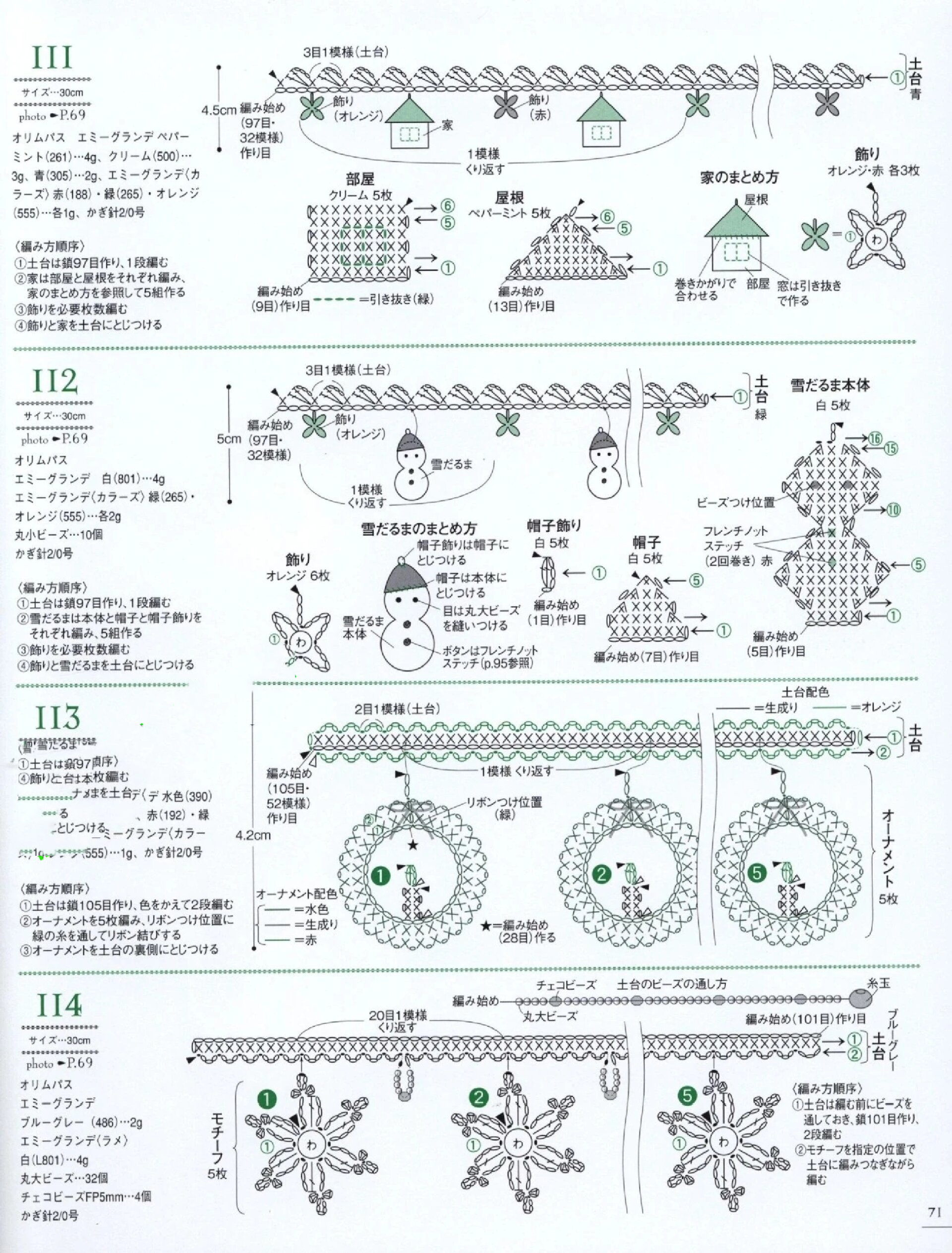 圣诞系列花边装饰钩针图解 雪花7615雪人7815房子92钩针
