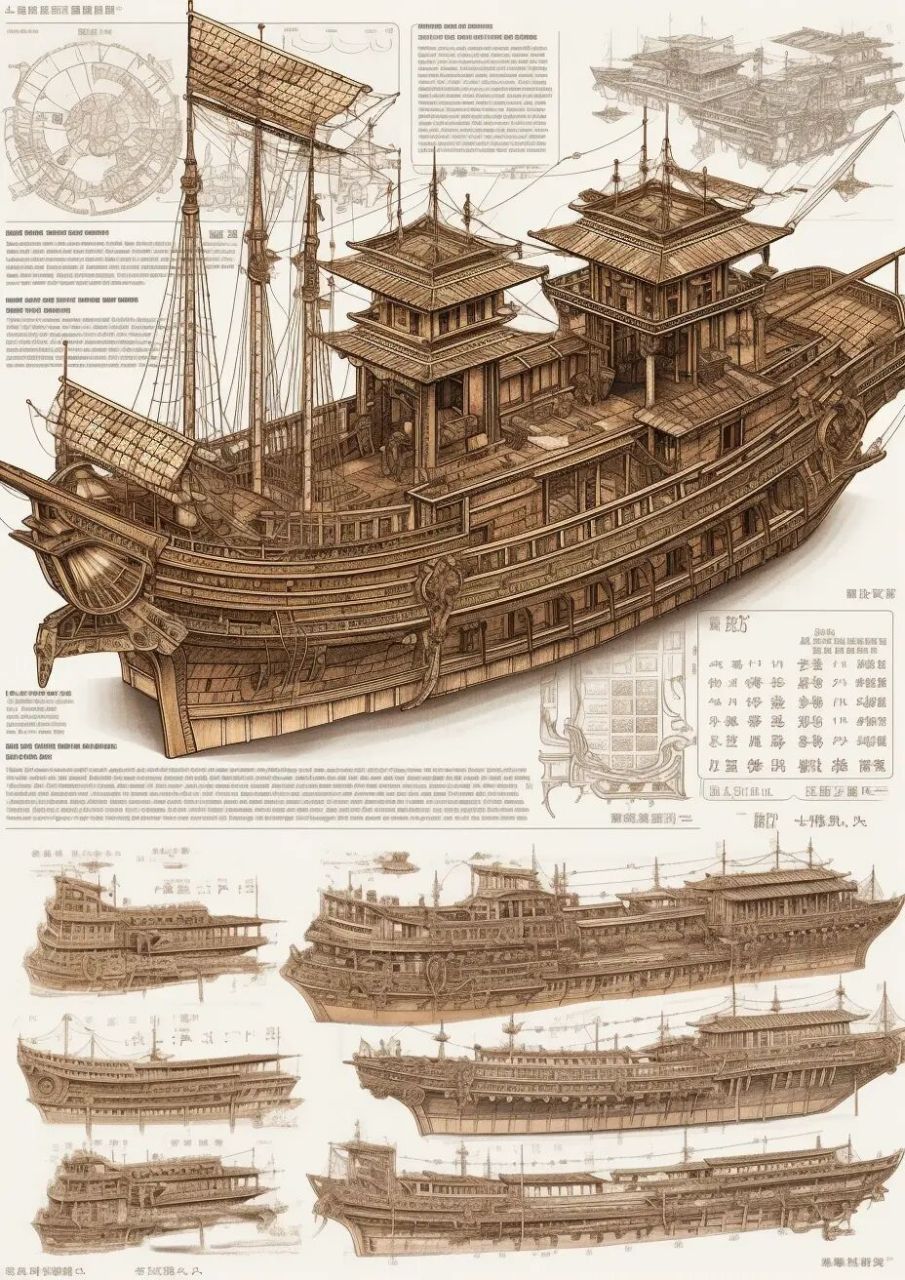 中国古代楼船营造图纸～ 楼船,中国古代战船,因船高首宽,外观似楼,而