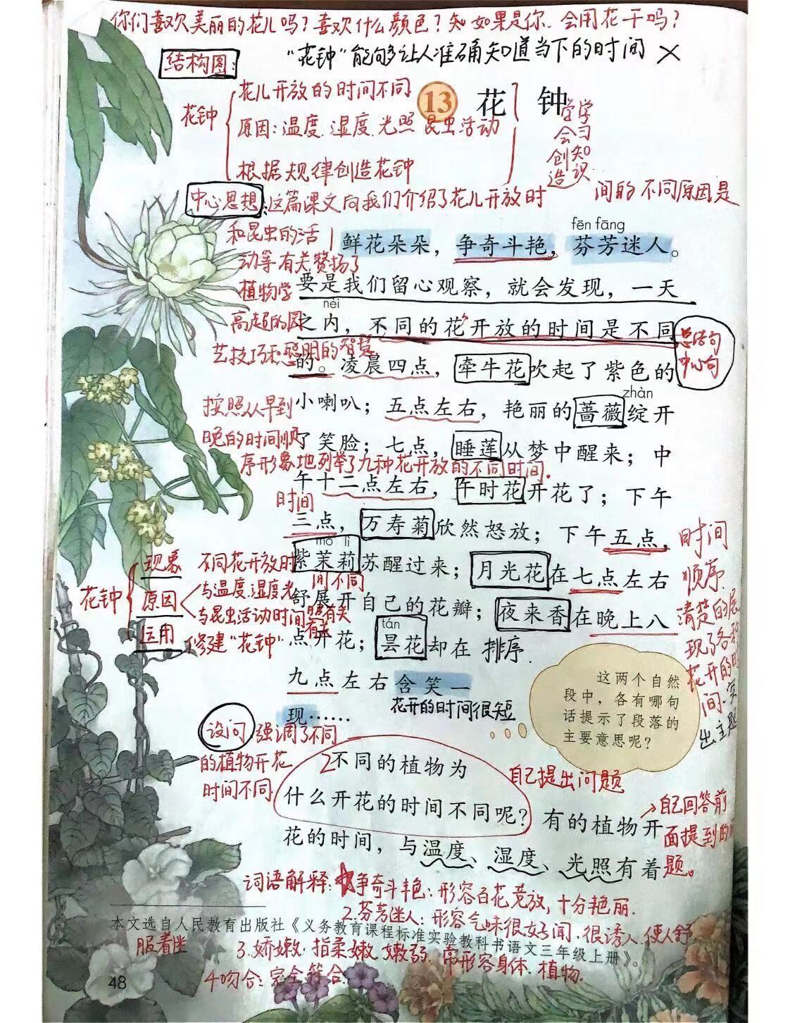 三年级语文下册第13课《花钟》课堂笔记