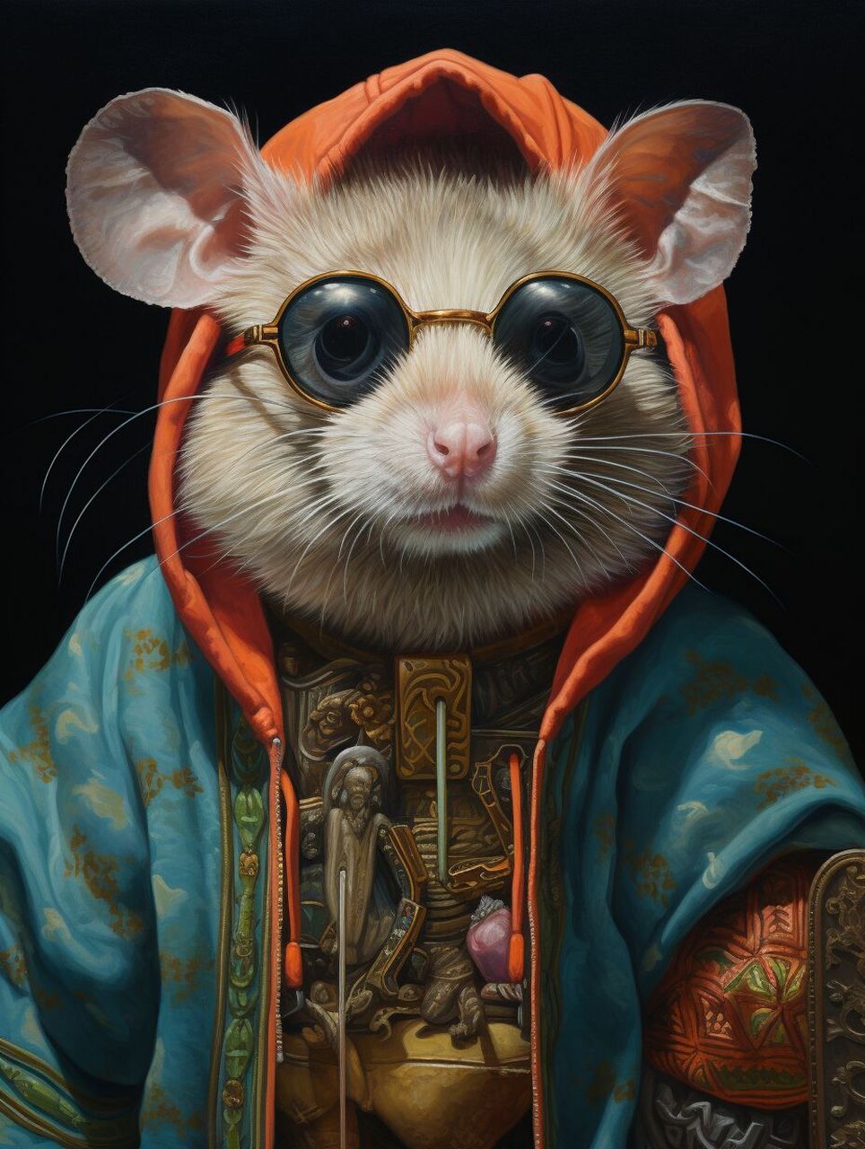"戴眼镜和连帽衫的仓鼠油画" 这是由ben zoeller创作的一幅逼真的油画