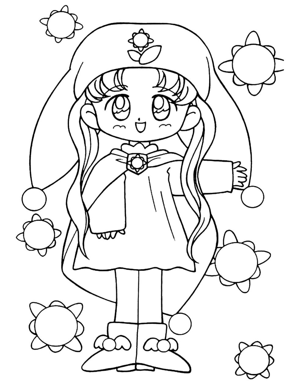 小女孩黑白涂色简笔画