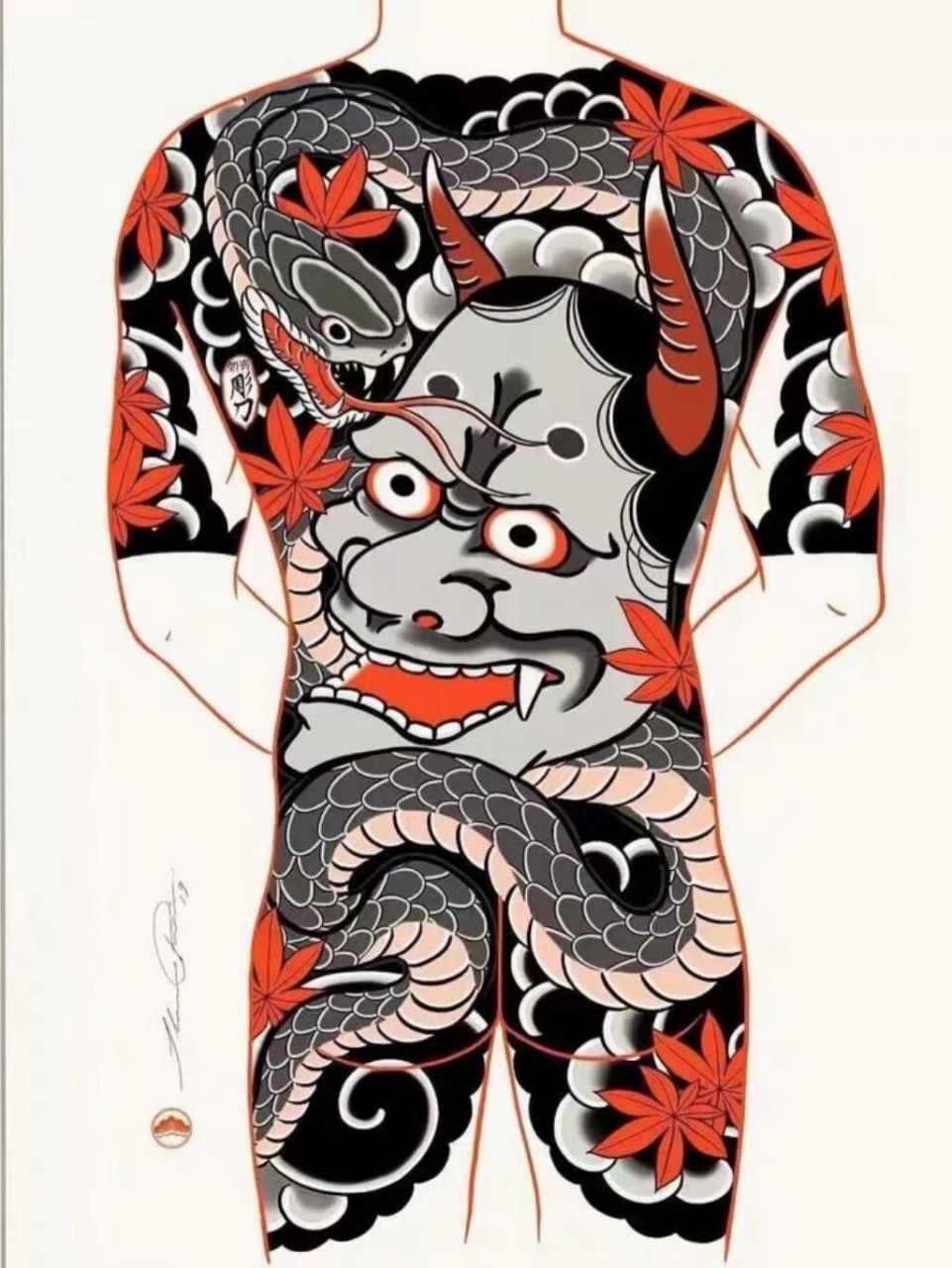 9张日式满背纹身手稿