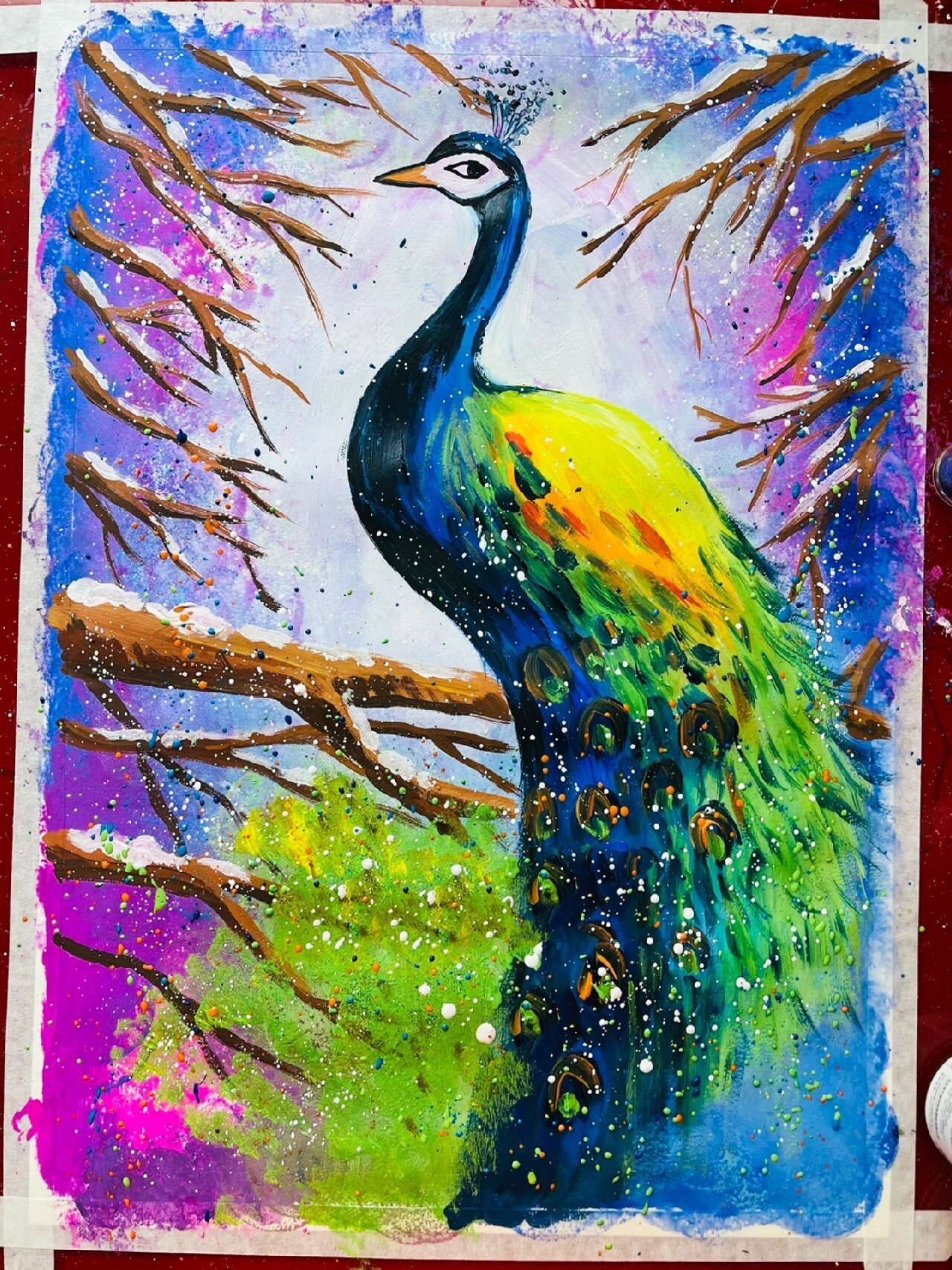 7-9岁《孔雀08》儿童创意水粉画 随手分享最近临摹的一幅创意水粉画