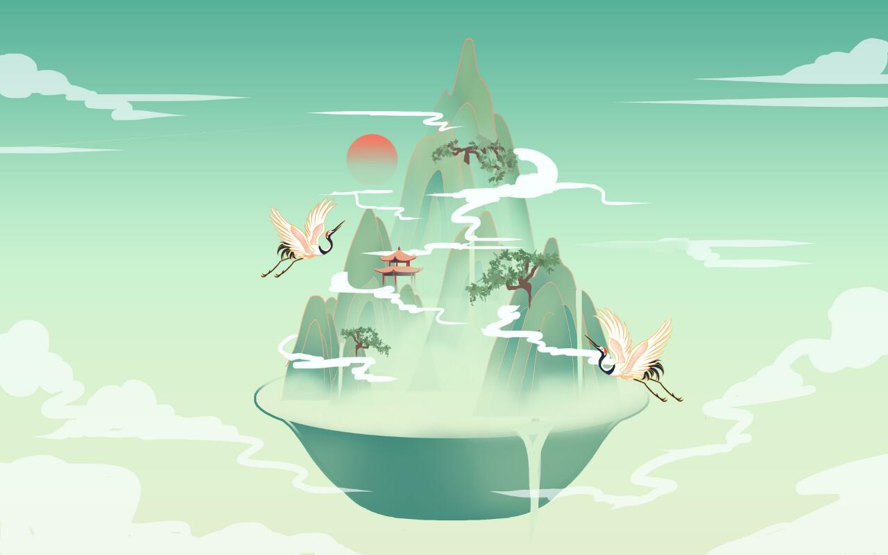 96国潮风清明节人物祭拜祖先山水插画海报背景 96春天清明清明节