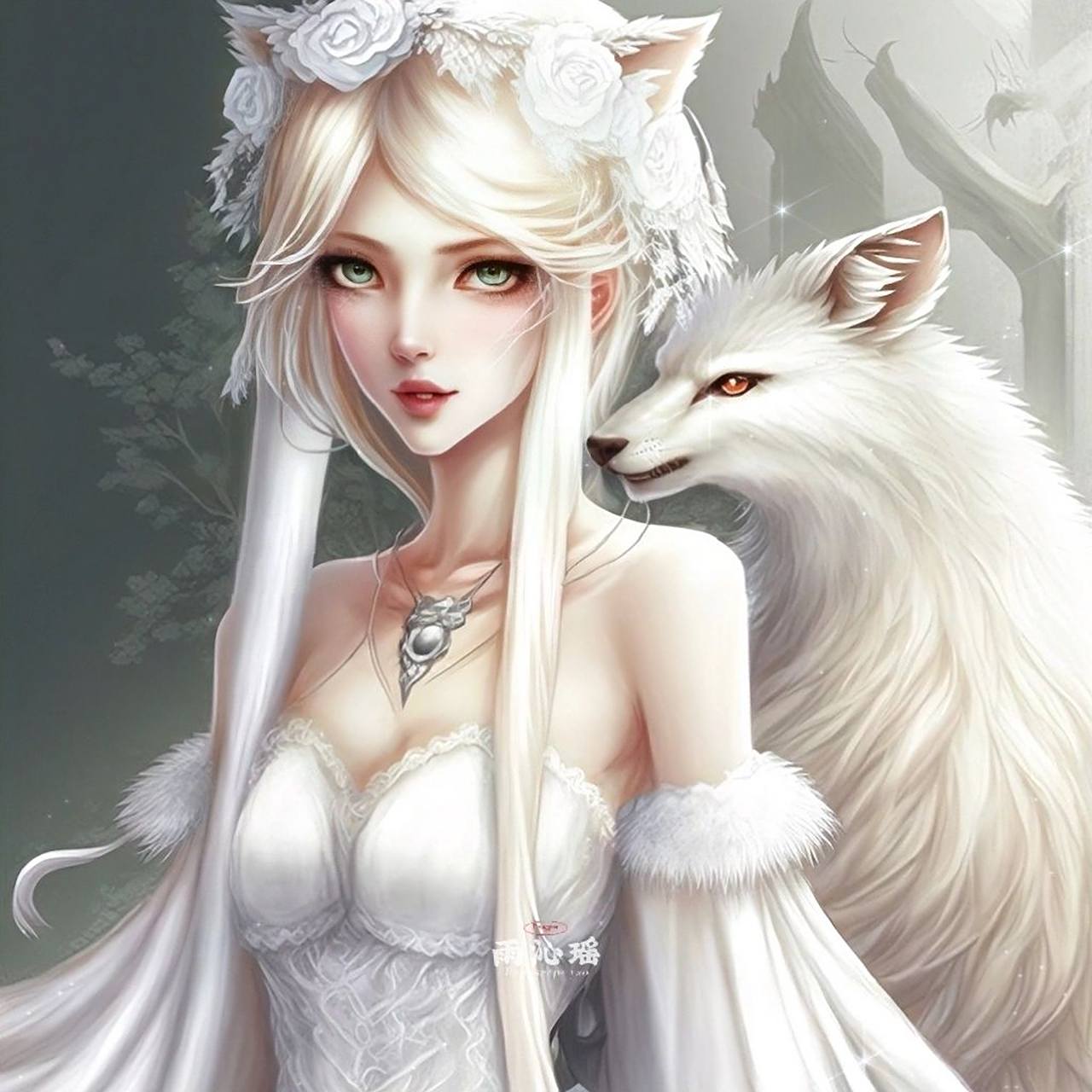 【ai绘画】78狐妖系列之白狐 传说九尾狐过了一千年就可以化为人形