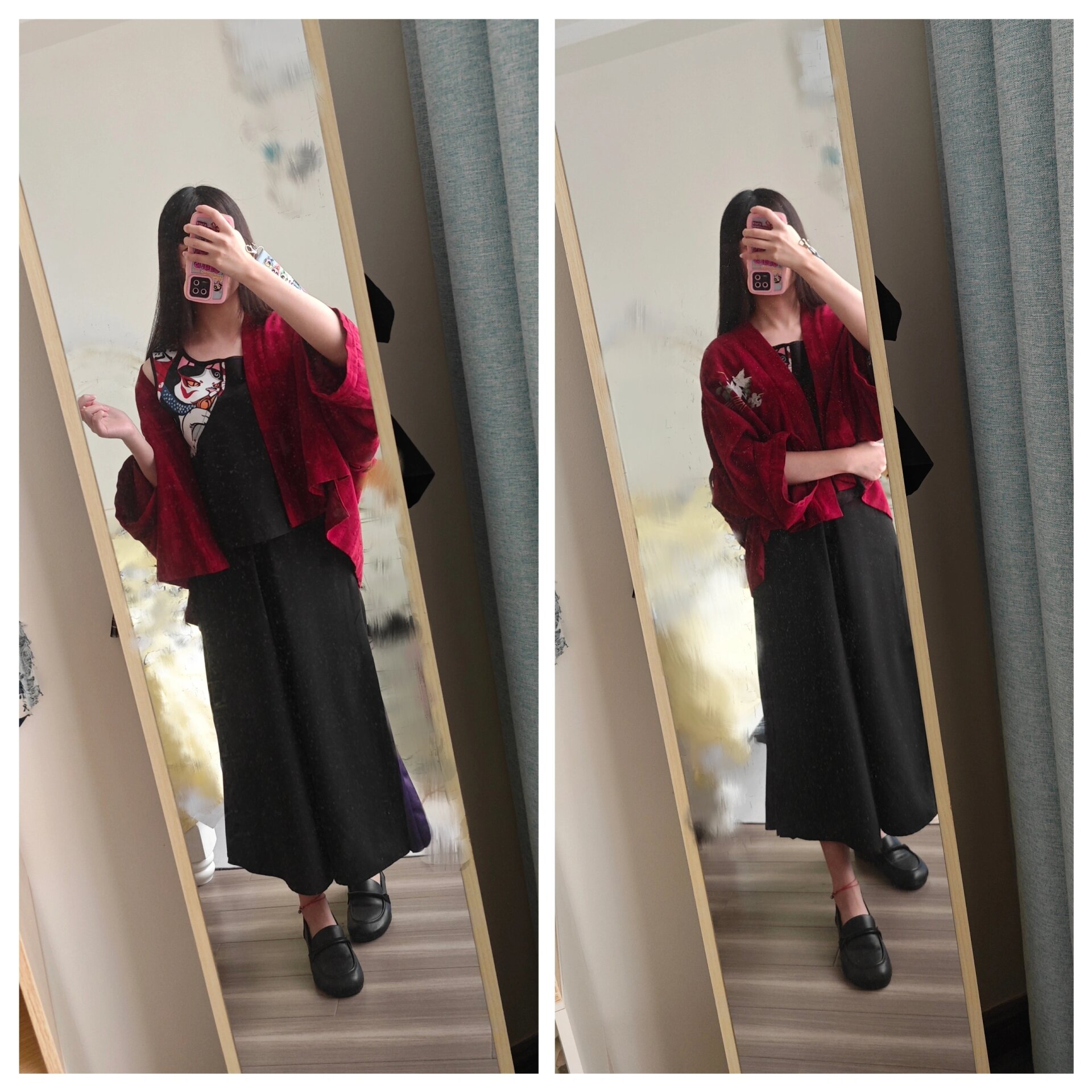 日常穿搭 红色羽织 阔腿裤 奇奇怪怪的搭配 早期炭团家买的羽织和