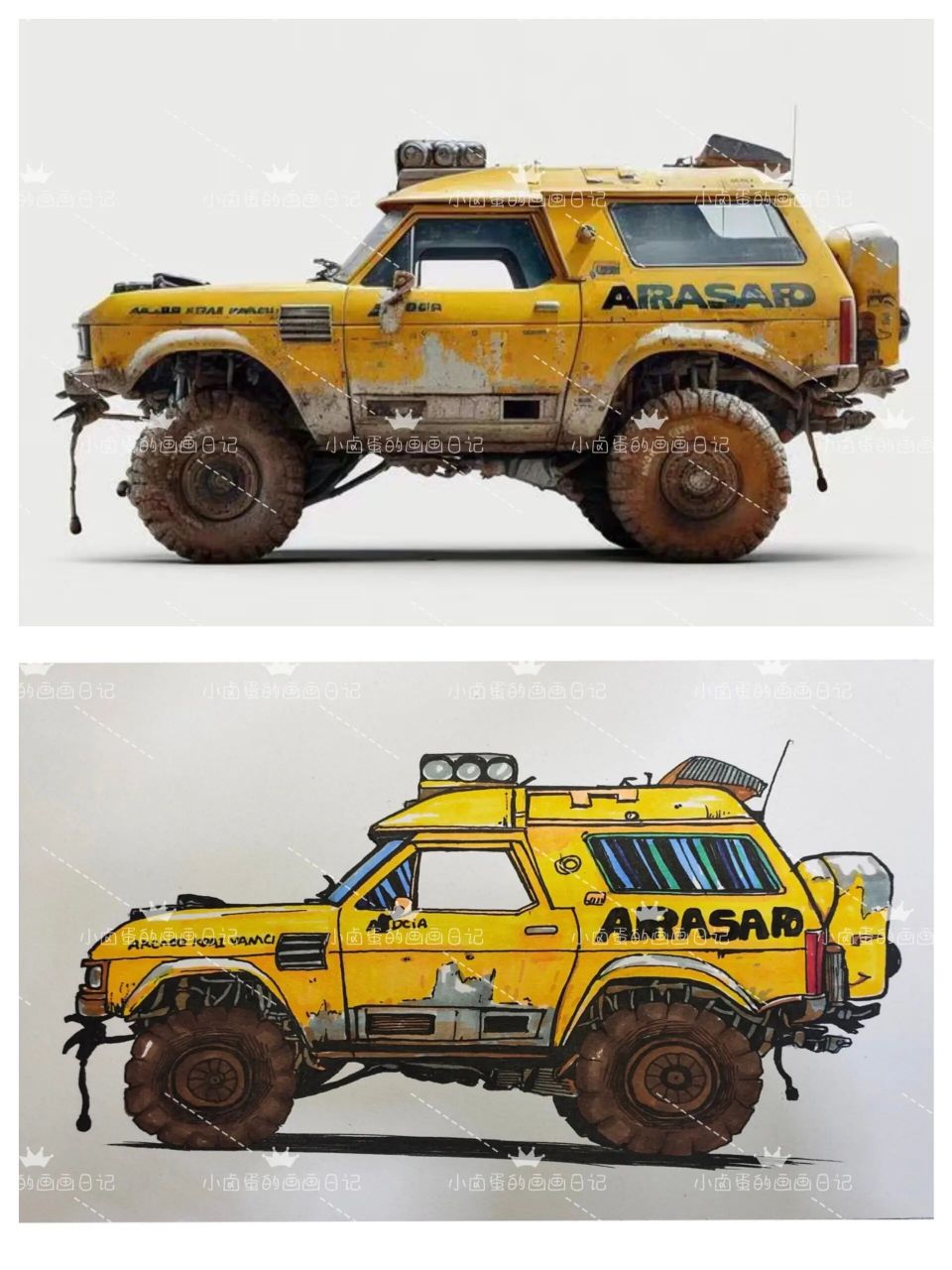 线描写生‖酷炫越野车 今天写生素材来源 使用的是m&g 双头马克笔