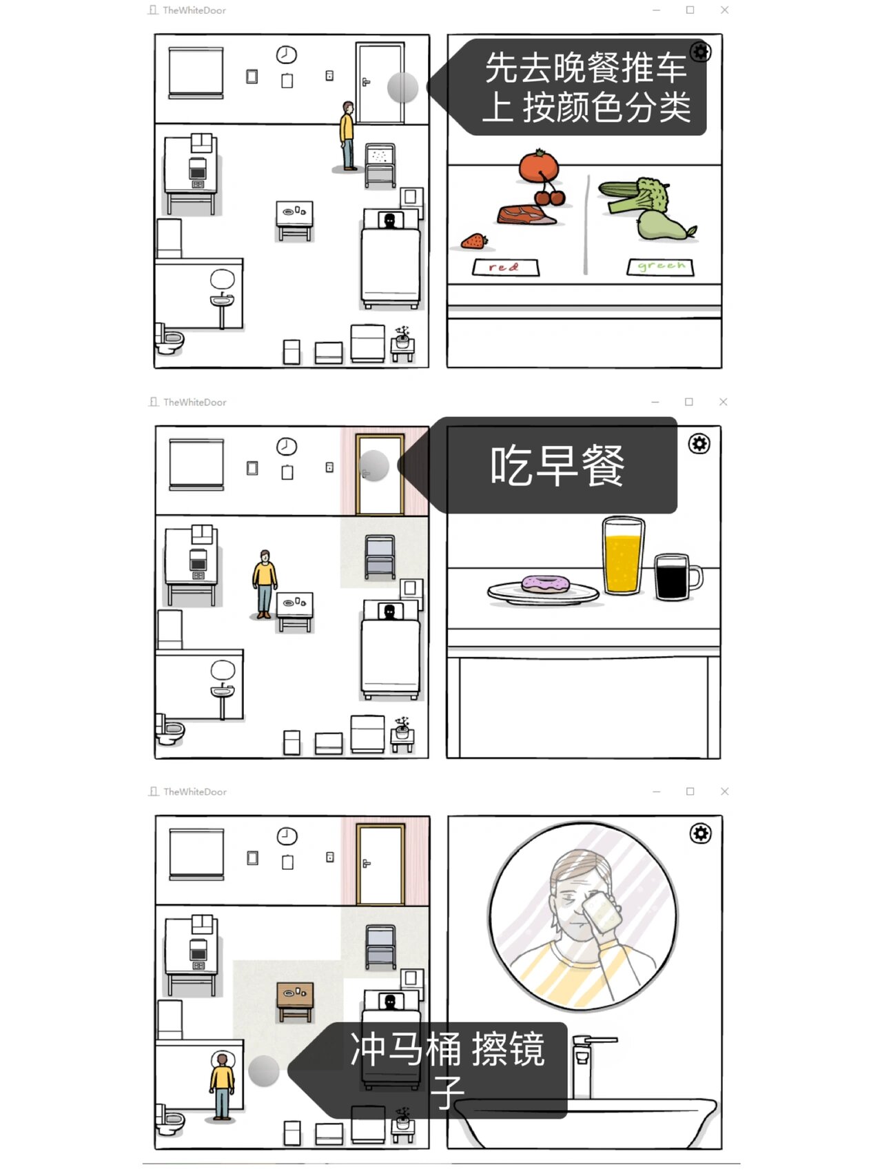 锈湖:白门 第七天 (攻略) 拉开门进来 先去手边的晚餐车 按颜色分类
