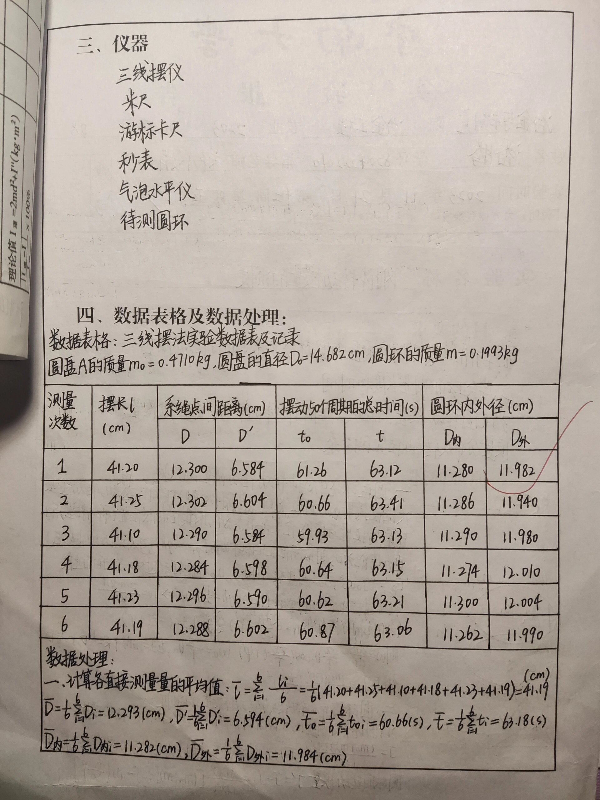 中南大学物理实验-刚体转动惯量的测定 5分实验报告供参考