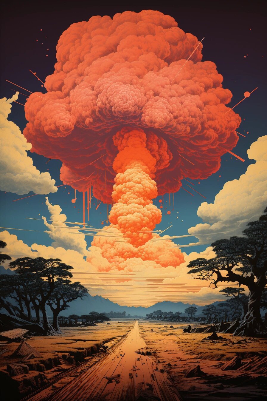 用浮世绘风格画核爆蘑菇云