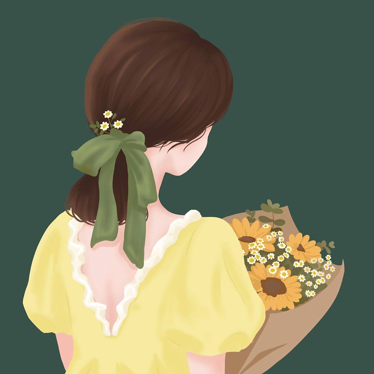 捧花背影女孩插画  插画头像 花朵女孩背影 更喜欢图1,2,49999