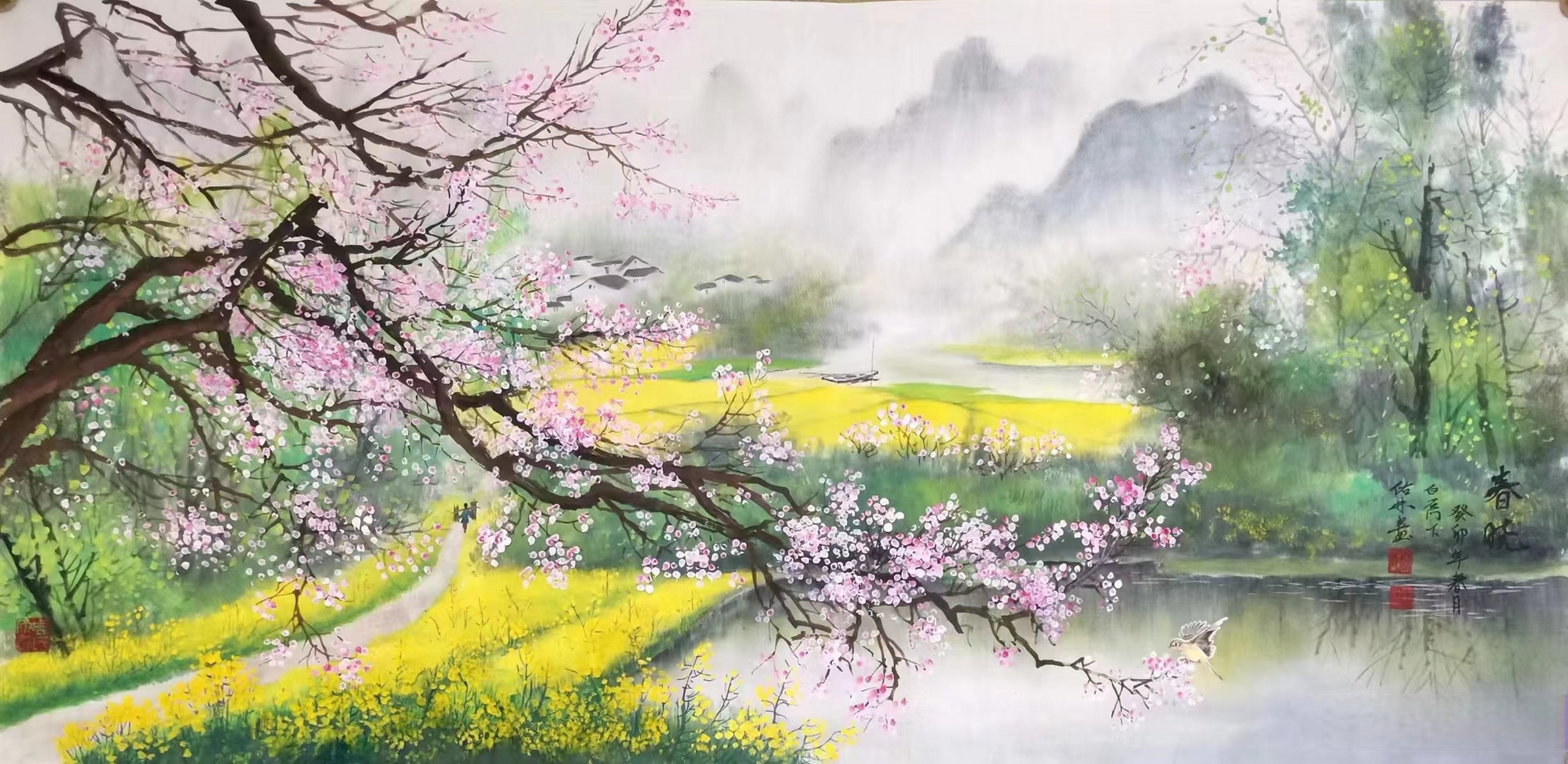 周佑林老师作品利用油菜花的黄色,桃花的粉红色来提升画面视觉感受