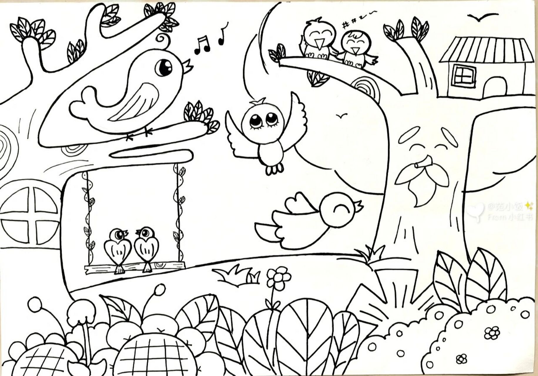 线描儿童画简笔画主题画《小鸟乐园》   快乐的小鸟,我喜欢的动物,都