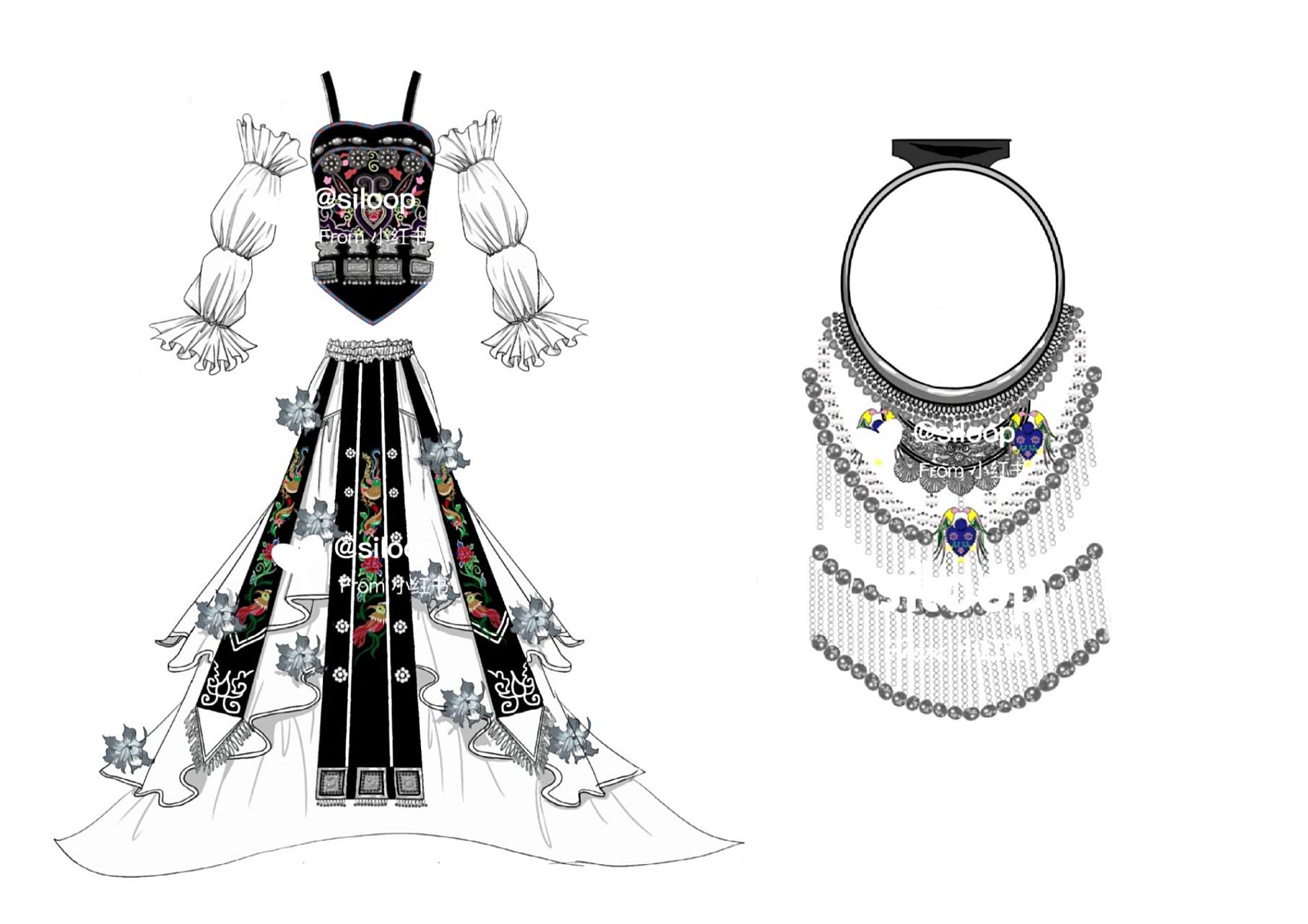 苗族服装上色款式图 服装设计专业,代画效果图,款式图,做灵感版,廓形