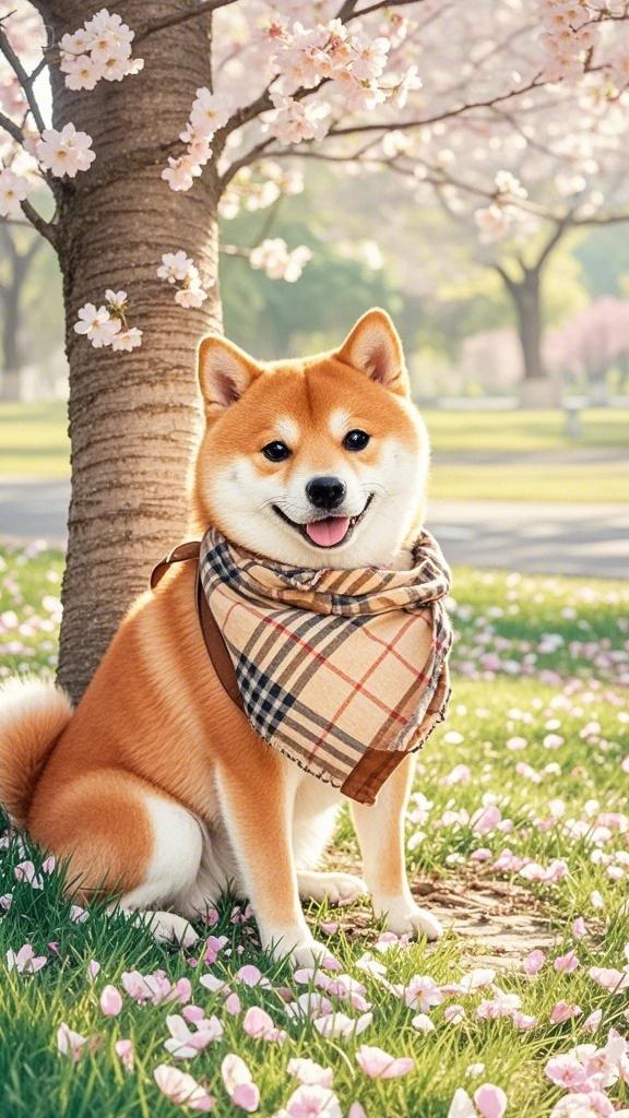 包住小柴犬的耳朵,在小柴犬的下巴上打了一个结,它调皮的表情非常有趣