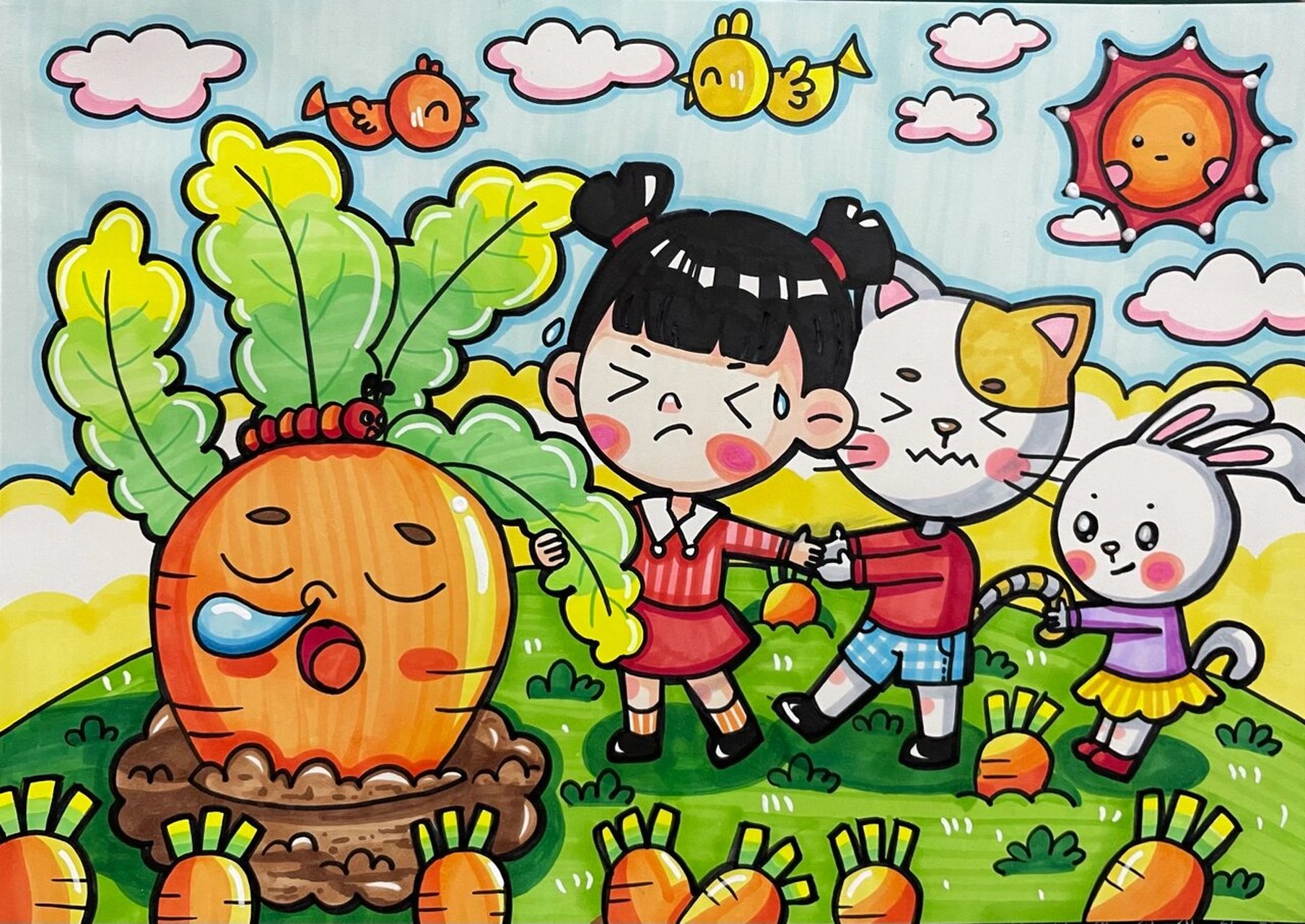 《拔萝卜》儿童画 打卡15/50 画画时间过得飞快 大学时候大把的时间都