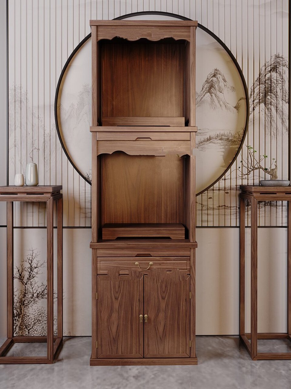 新中式佛龛立柜 经典的波浪门楣设计,三层立柜设计,底柜可储物物品