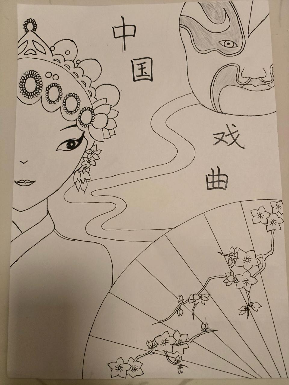 中国传统文化 主题选的是中国戏曲-京剧 线稿已经完成啦 就差涂色,图