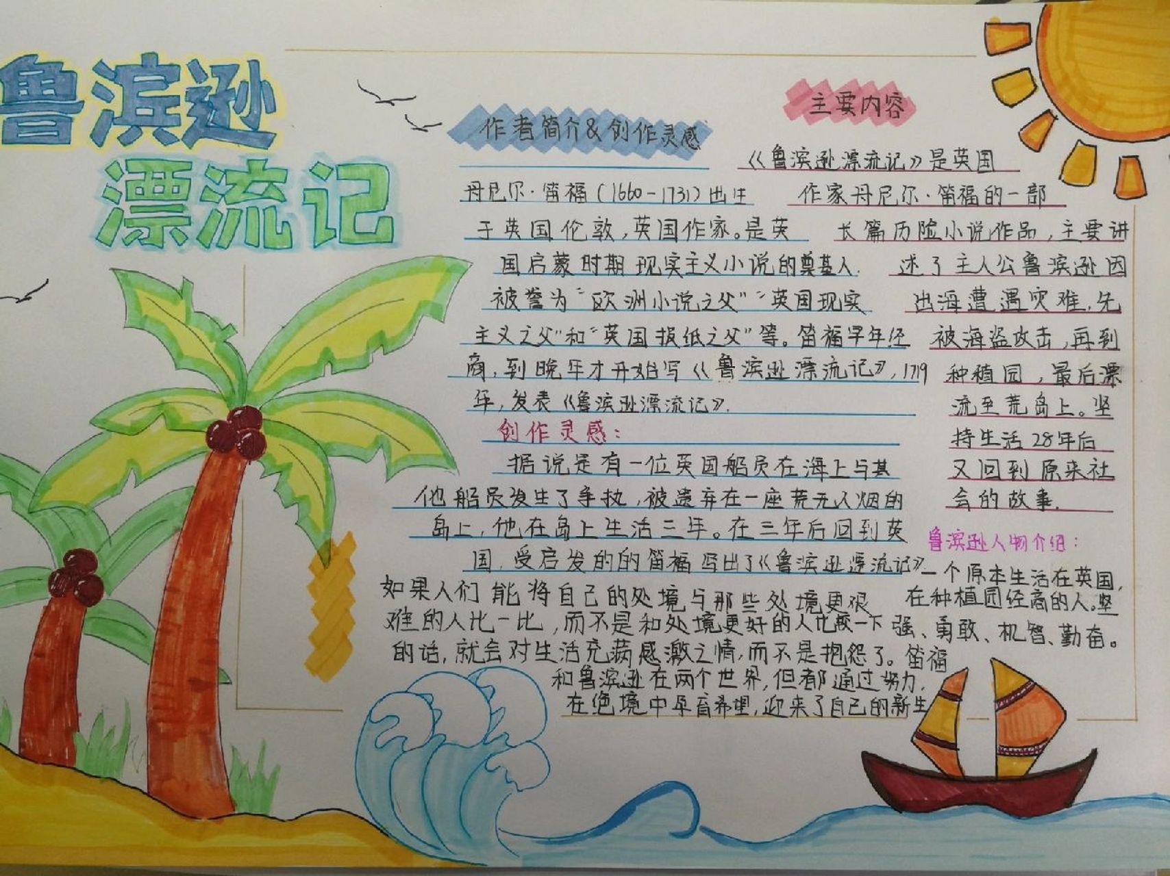 《鲁滨逊漂流记》手抄报 临摹 原创: 把原图的漂流